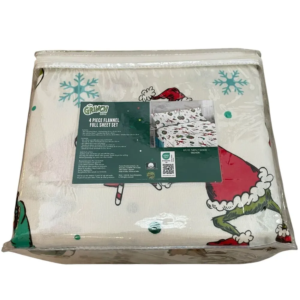 Dr. Seuss The Grinch FULL Flannel Sheet Set 4pc 100% Cotton Merry Grinchmas NEW